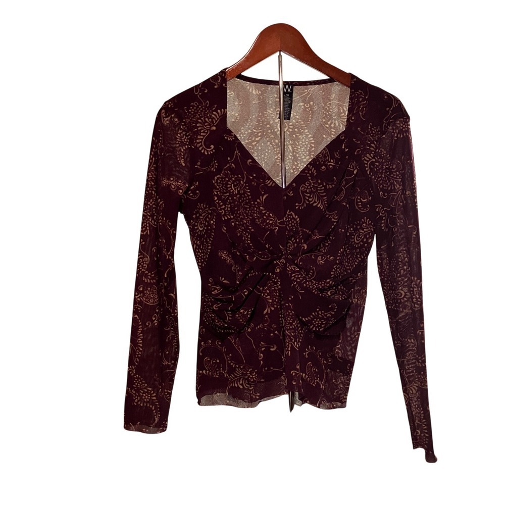 W Plum Floral Paisley Print Sheer Mesh Long Sleeve Ruched Blouse Top L
